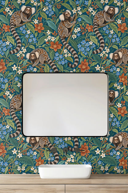Striped tails of marmosets extending across lush botanical wallpaper