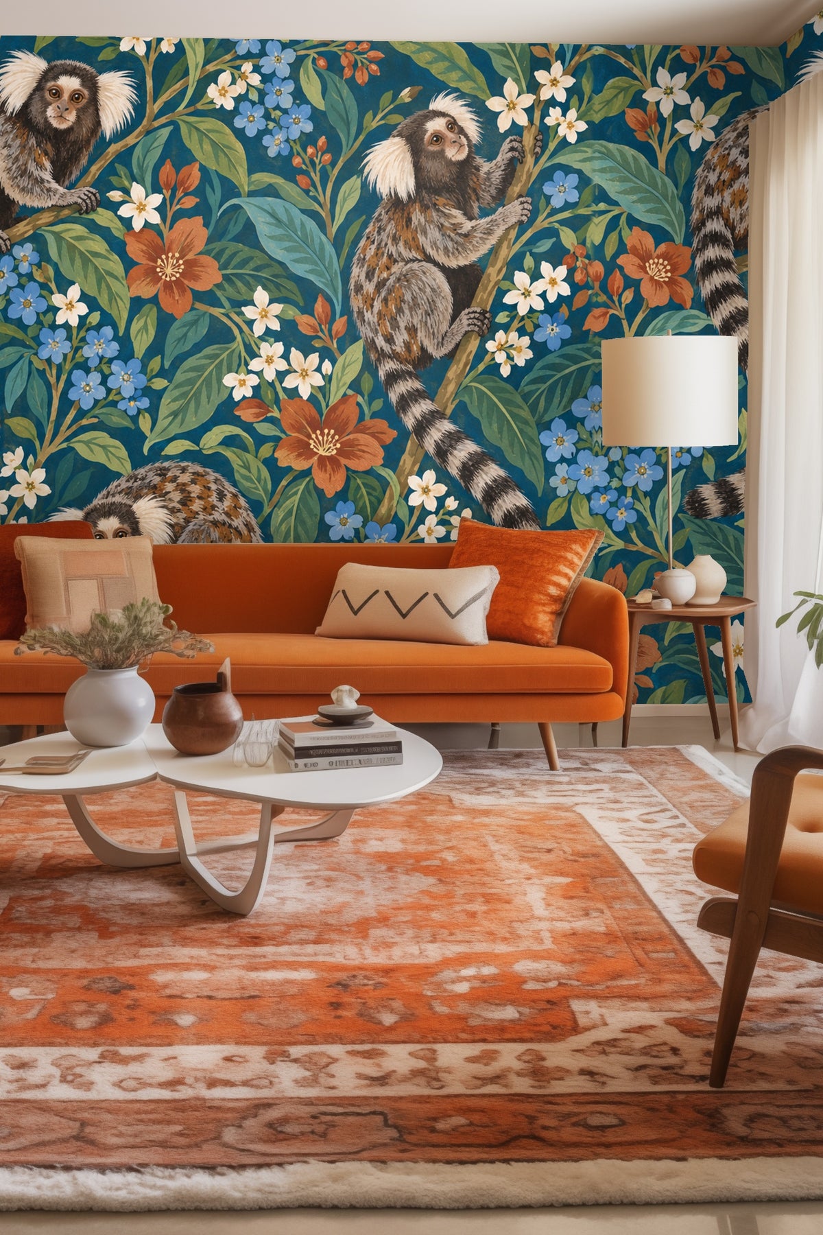 Original artwork showing three detailed marmosets on floral foliage background