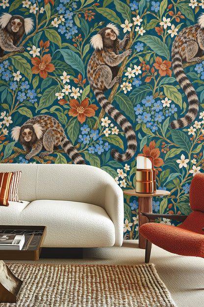 Leafy stems and small blue flowers creating dense wallpaper background