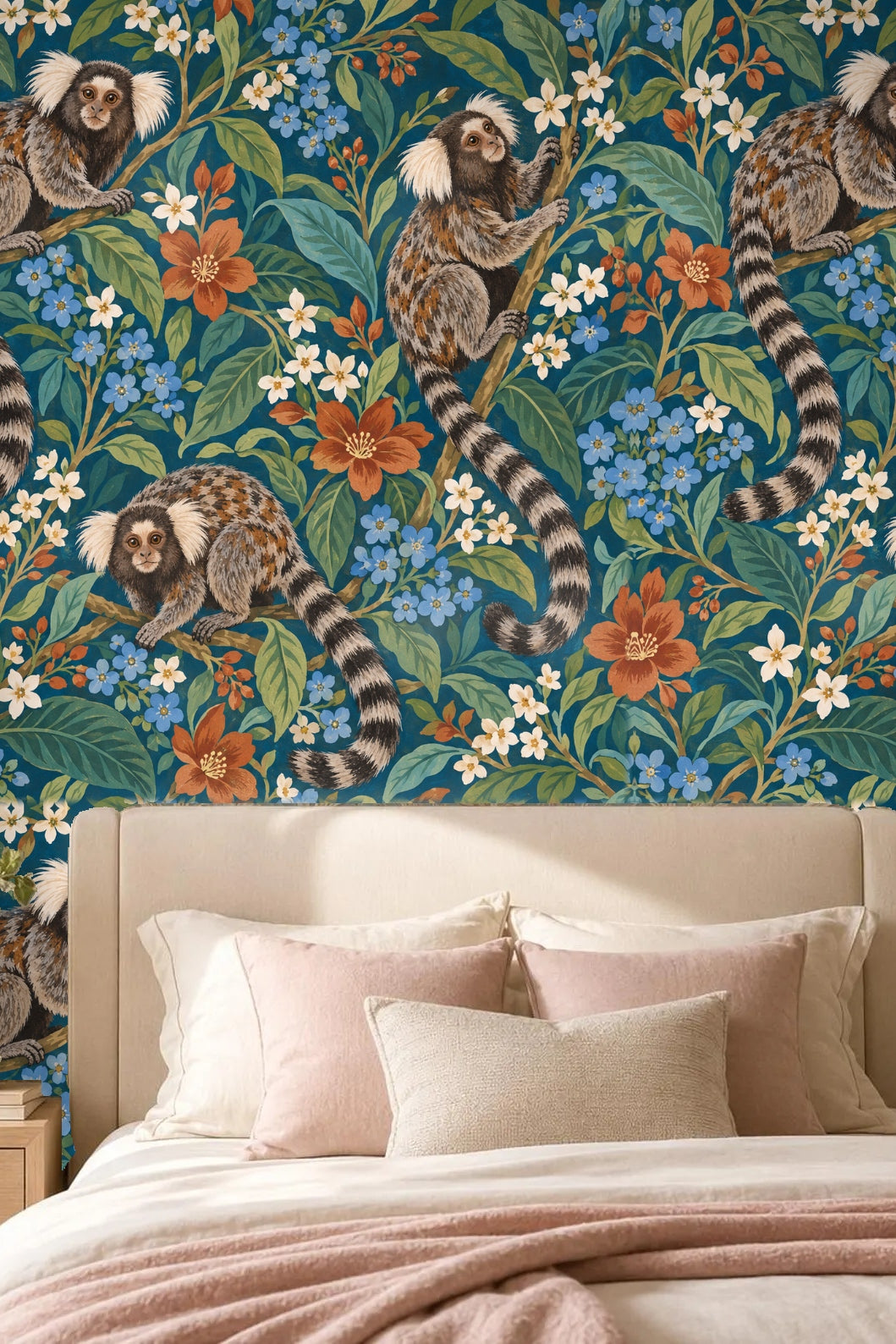 Bright living space with white sofa beneath the marmoset wallpaper showcasing blue and orange flowers
