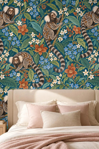 Bright living space with white sofa beneath the marmoset wallpaper showcasing blue and orange flowers