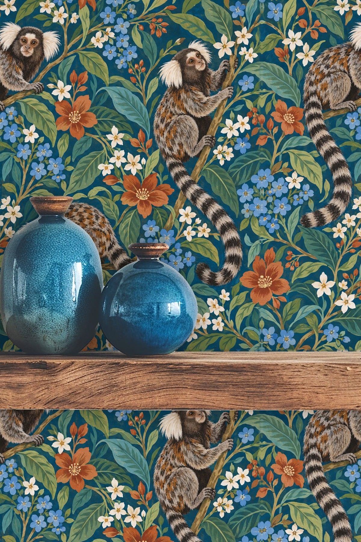 Arrangement of orange and white flowers and green leaves in wallpaper pattern