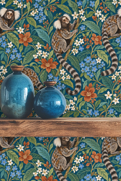 Arrangement of orange and white flowers and green leaves in wallpaper pattern