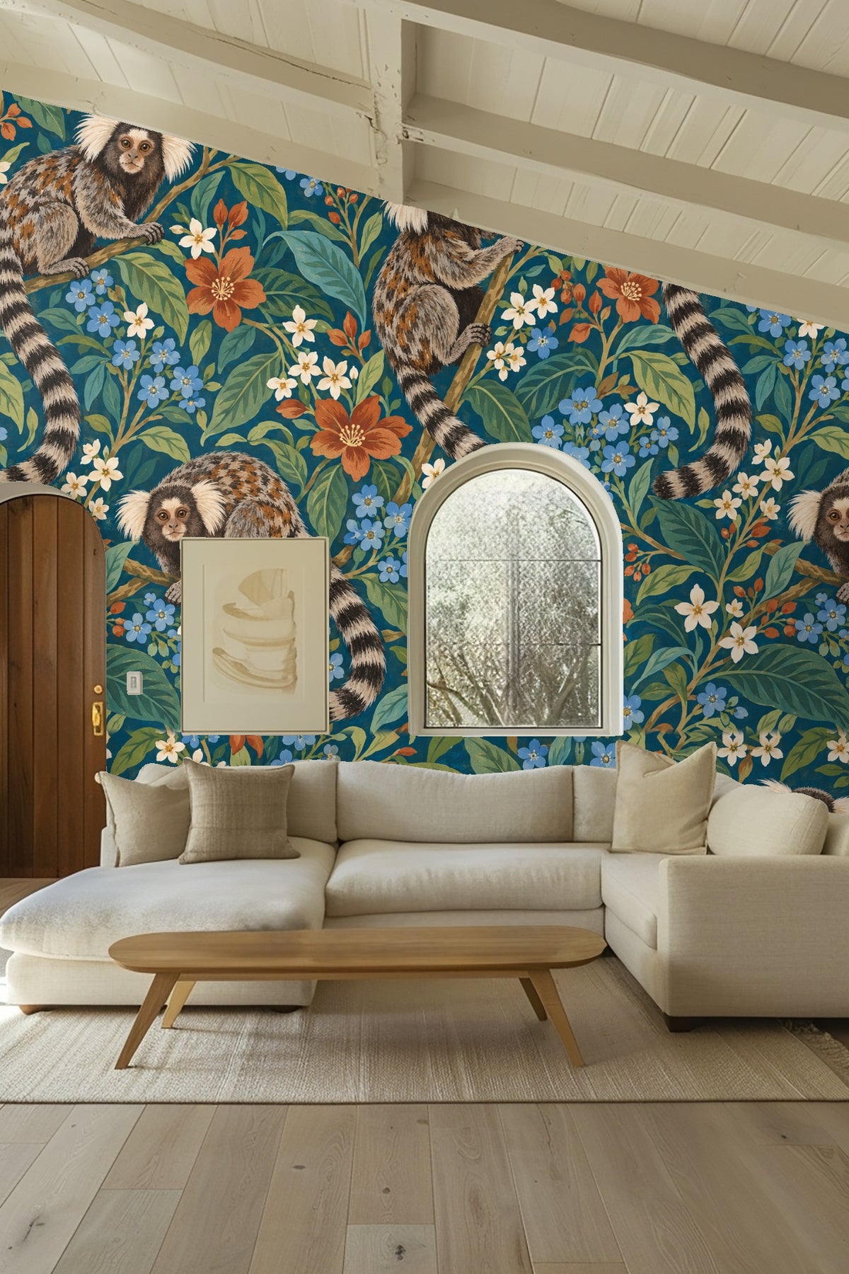 Detailed painting style visible in marmoset’s fur and flower petals