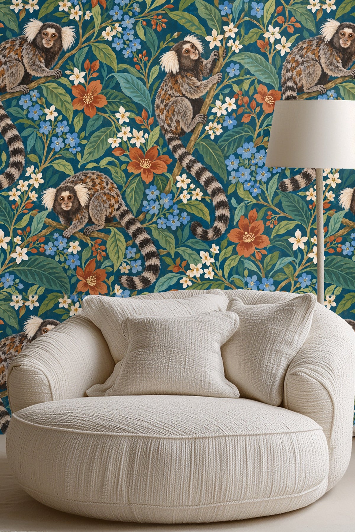 Shaded foliage with interspersed flowers providing depth in wallpaper art