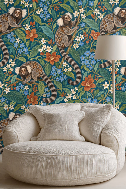 Shaded foliage with interspersed flowers providing depth in wallpaper art