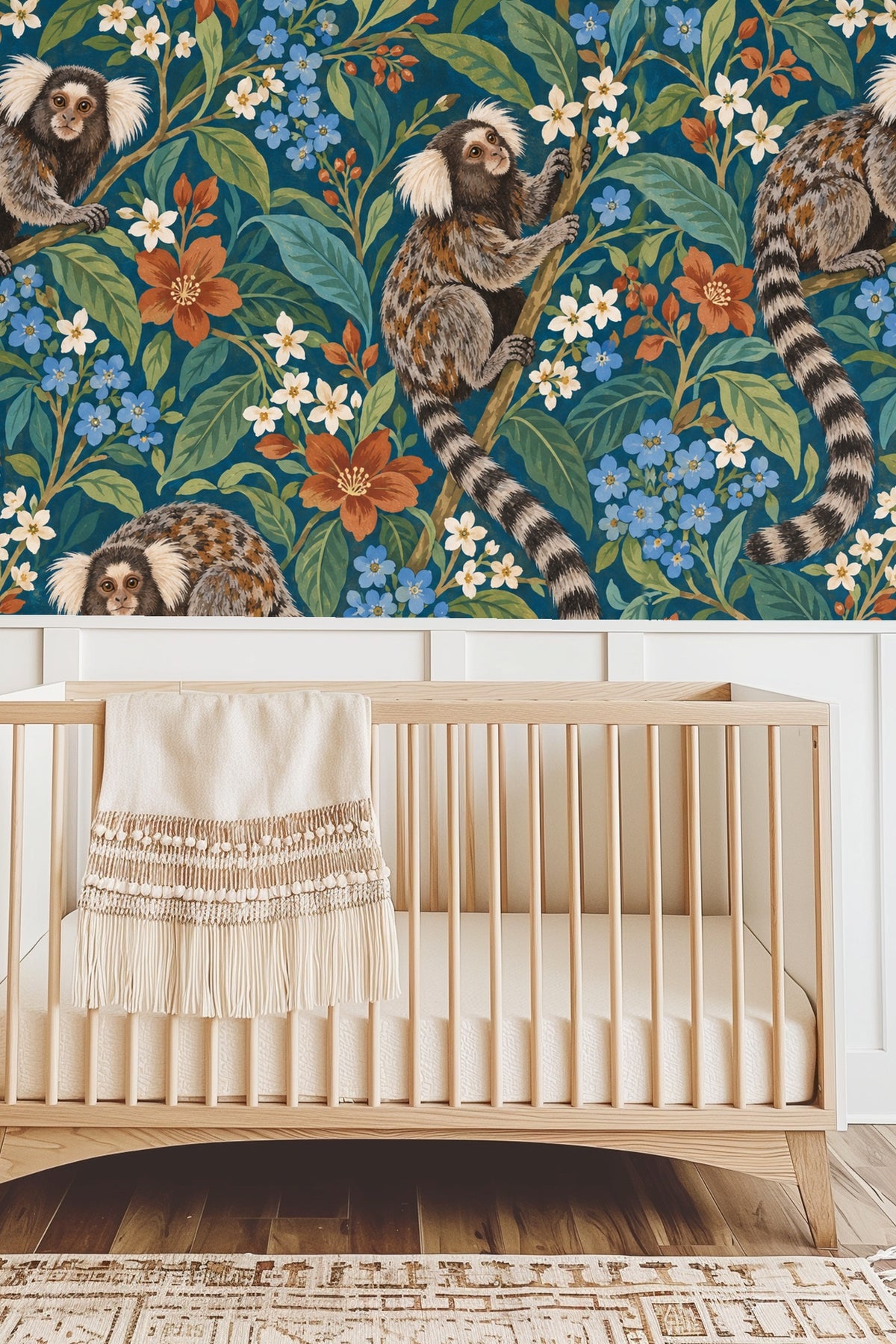 Orange blossoms contrasted against blue and green leaves in wallpaper