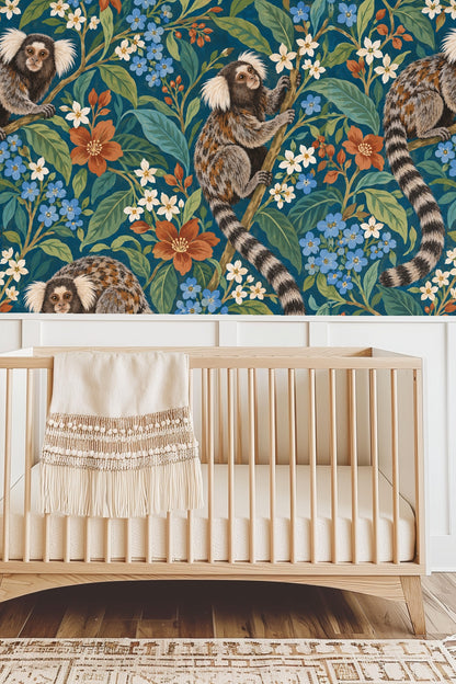 Orange blossoms contrasted against blue and green leaves in wallpaper
