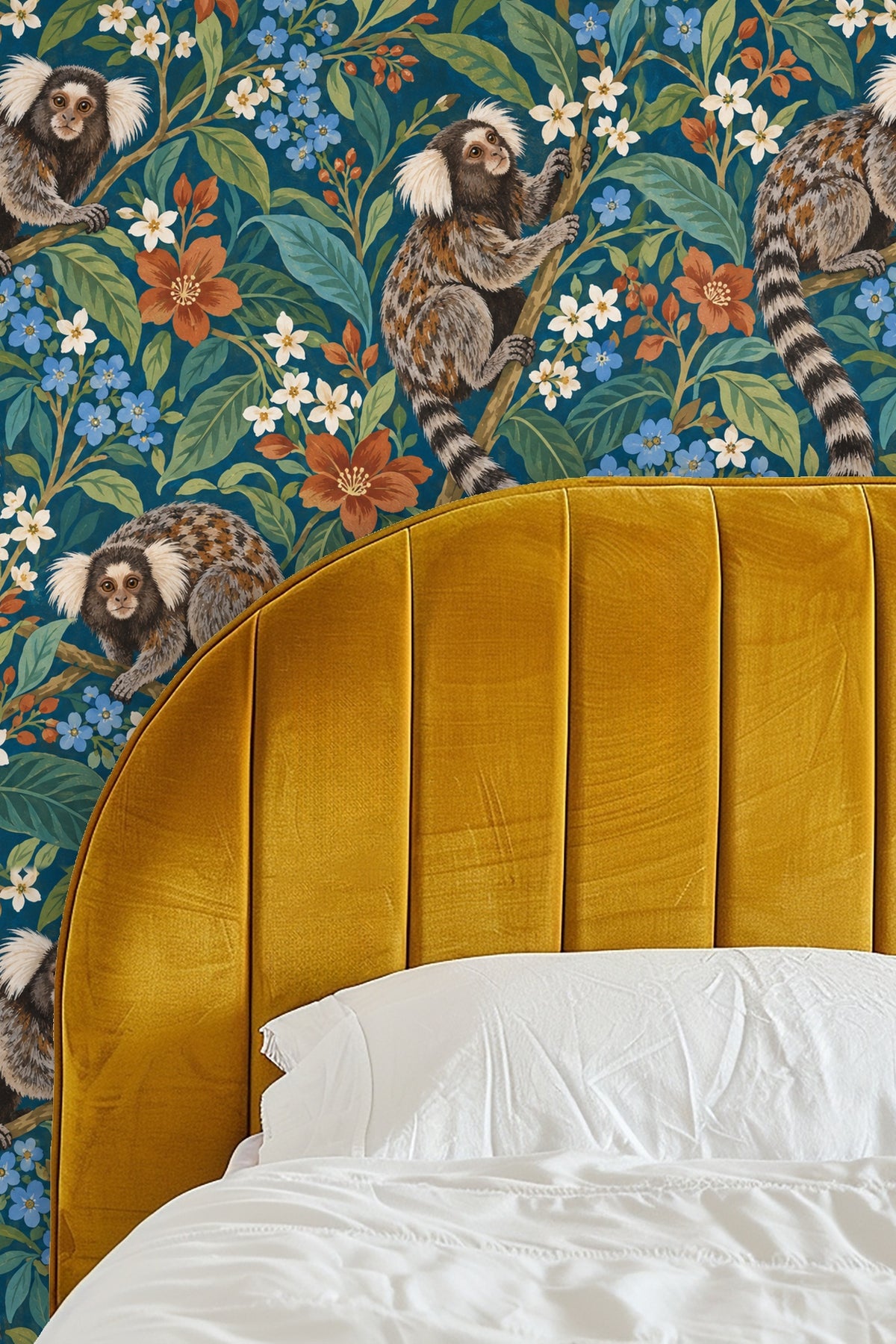 Side view of marmoset climbing a branch in the floral wallpaper pattern
