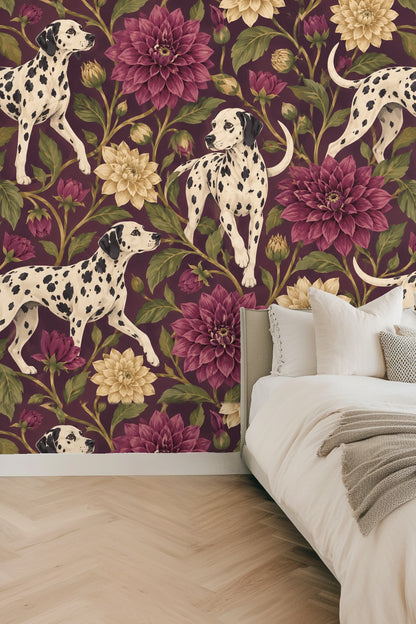 Fashionable interior view of couch with Dahlia Hound Rosettes wallpaper behind