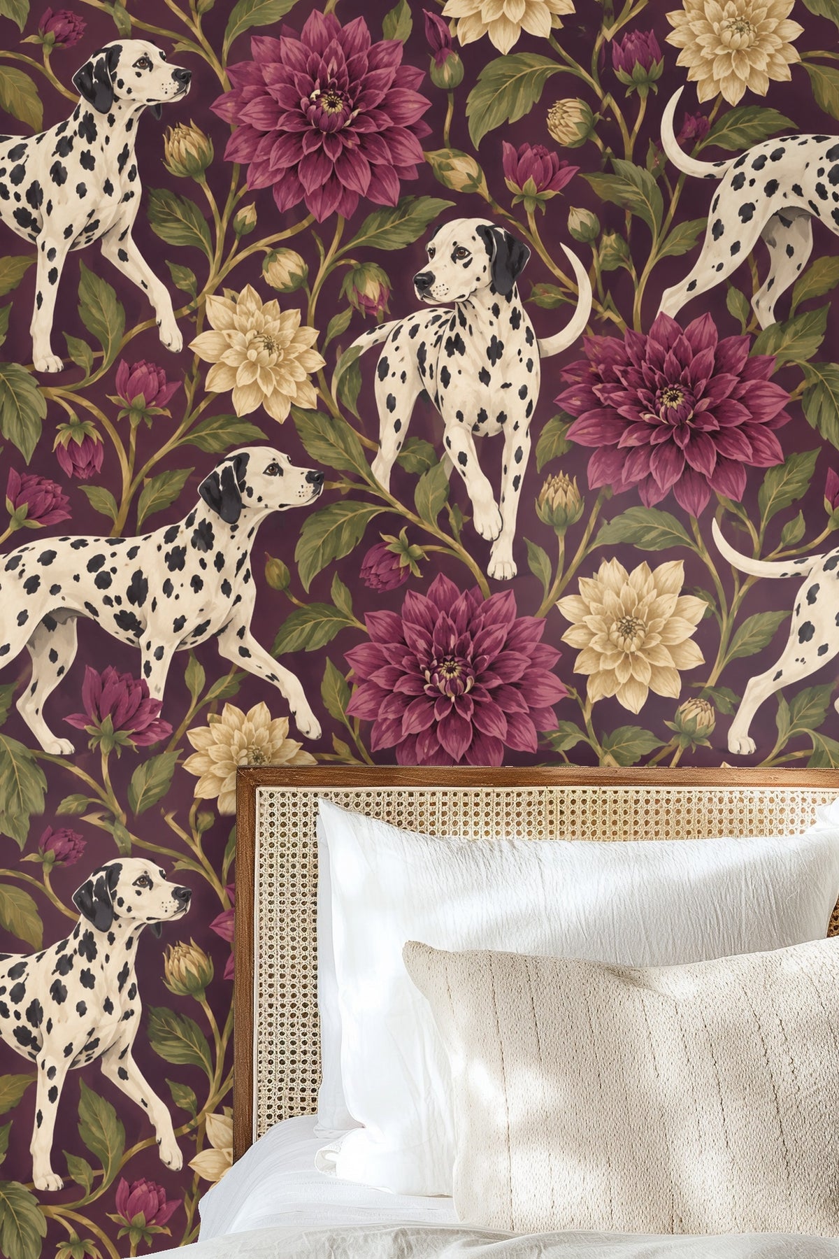 Dalmatian dog standing on plum floral wallpaper with intricate foliage