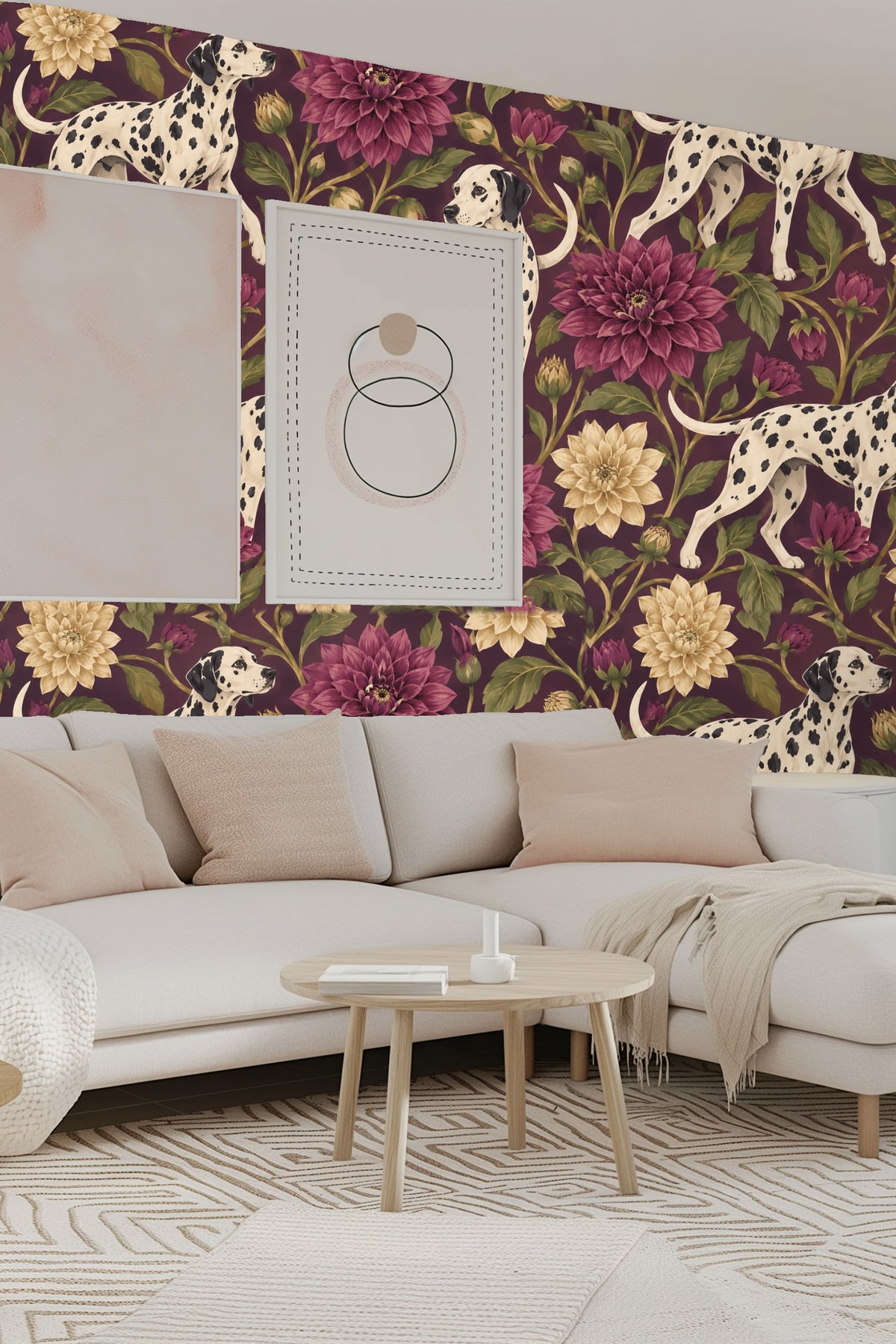 Dalmatian dog walking through plum background with floral pattern