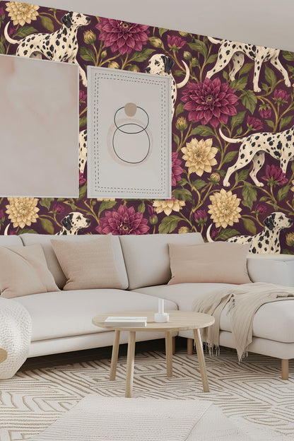 Dalmatian dog walking through plum background with floral pattern