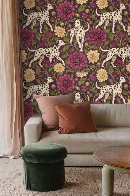 Wall covered in Dahlia Hound Rosettes wallpaper shown behind natural wood bedroom headboard with white bedding