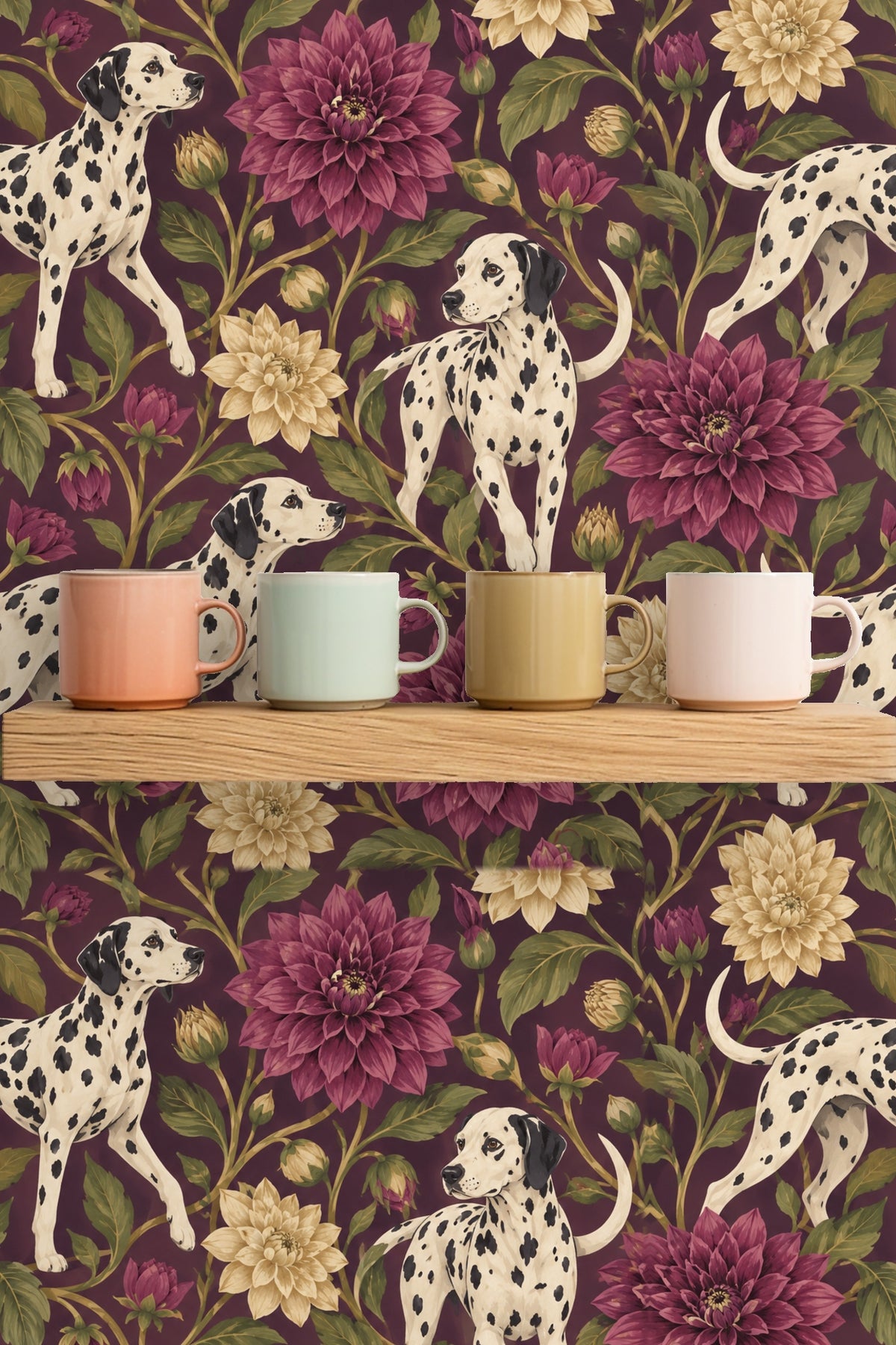 Detail of cream Dalmatian with black spots among mauve and cream dahlias and green leaves on wallpaper