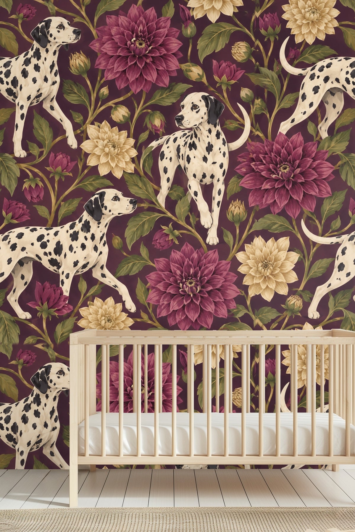 Living room corner featuring Dahlia Hound Rosettes wallpaper with mauve and cream dahlias and Dalmatian dogs, styled with soft pink curtains