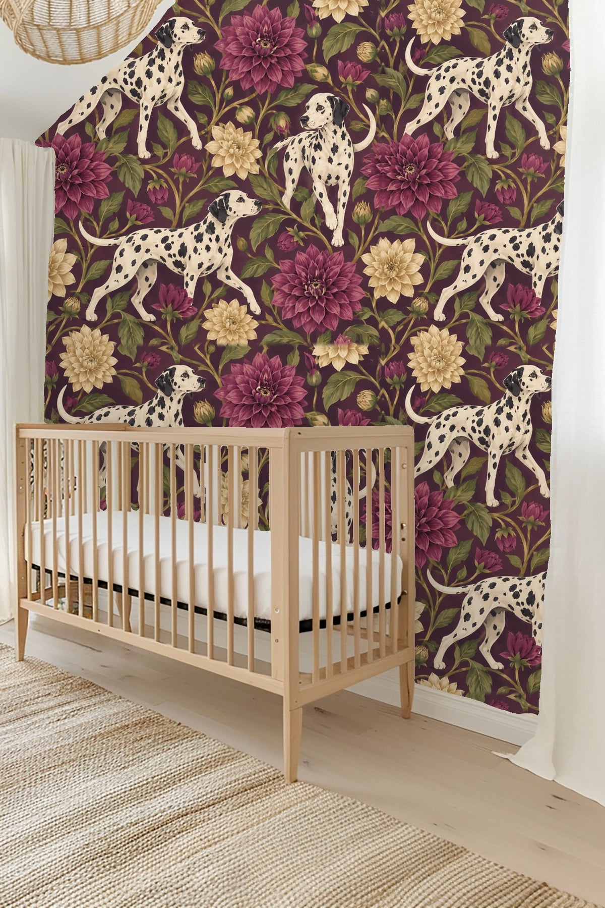 Cream and mauve dahlia flowers with green leaves against deep plum wallpaper backing