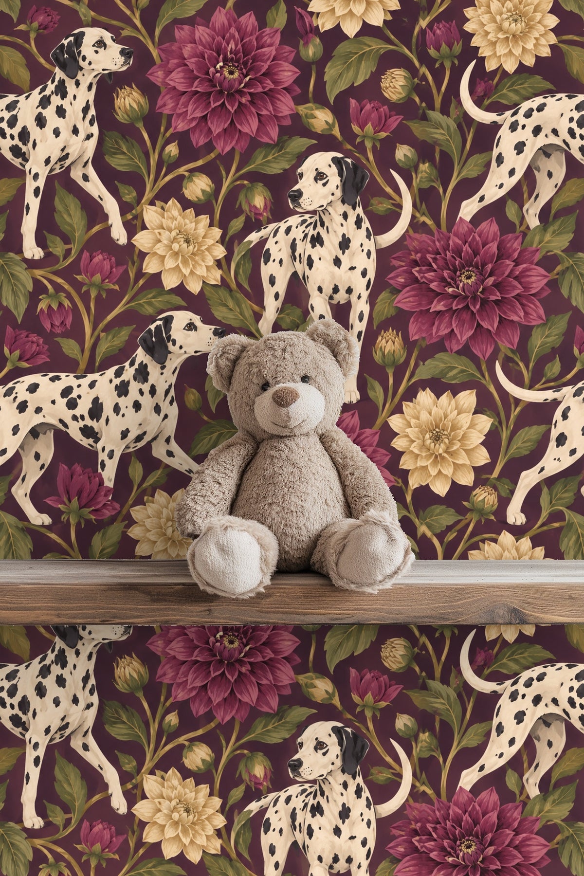 Pattern repeat showing multiple Dalmatian dogs interspersed with flowers