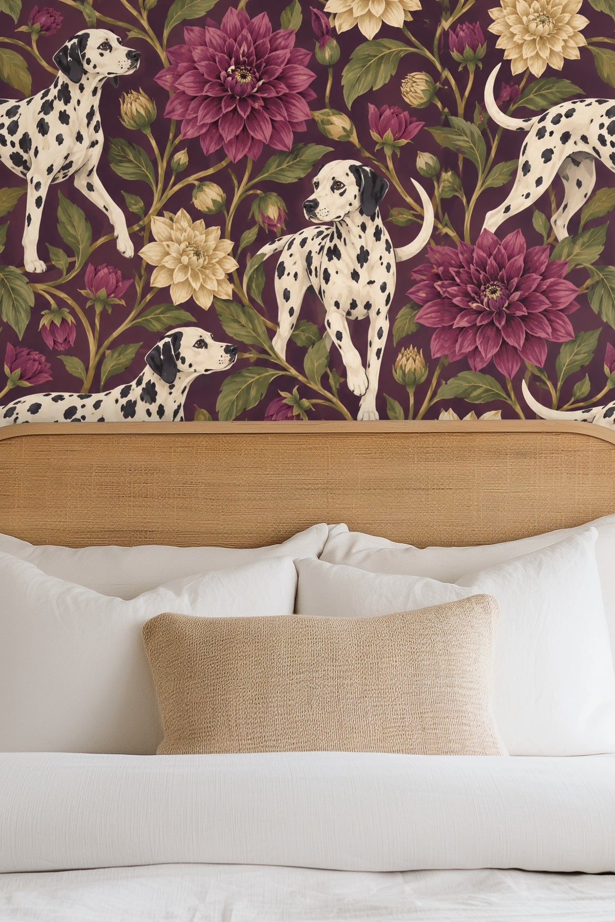 Close-up of Dahlia Hound Rosettes pattern with spotted Dalmatian dogs and large mauve and cream dahlias on plum background