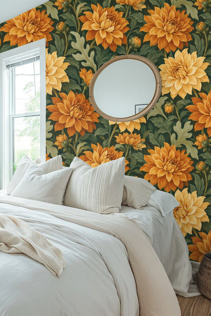 Artistic wallpaper design showing dahlias in various blooming stages with deep green foliage.