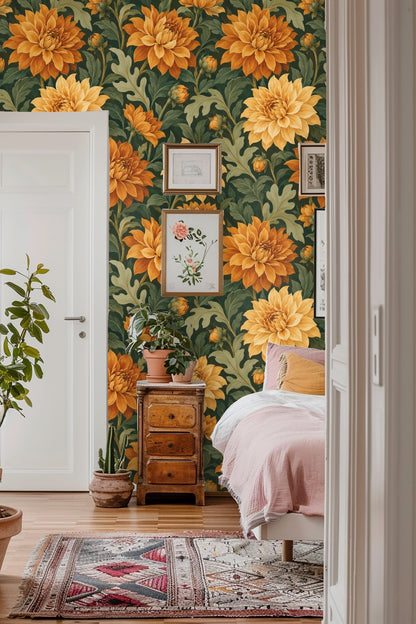 Dahlia floral wallpaper creating a warm backdrop above a sofa with cream and wood accents.