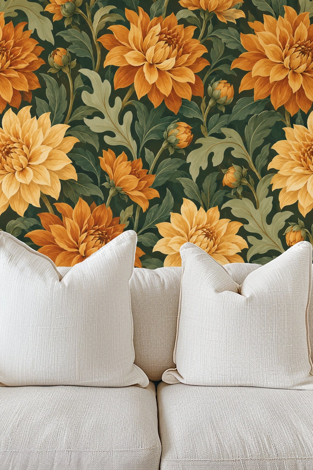 Bright wallpaper pattern featuring large, warm-toned dahlias and curving green leaves.