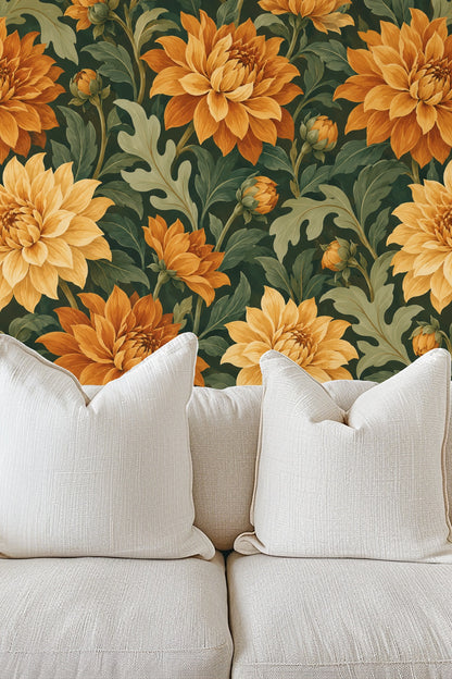 Bright wallpaper pattern featuring large, warm-toned dahlias and curving green leaves.
