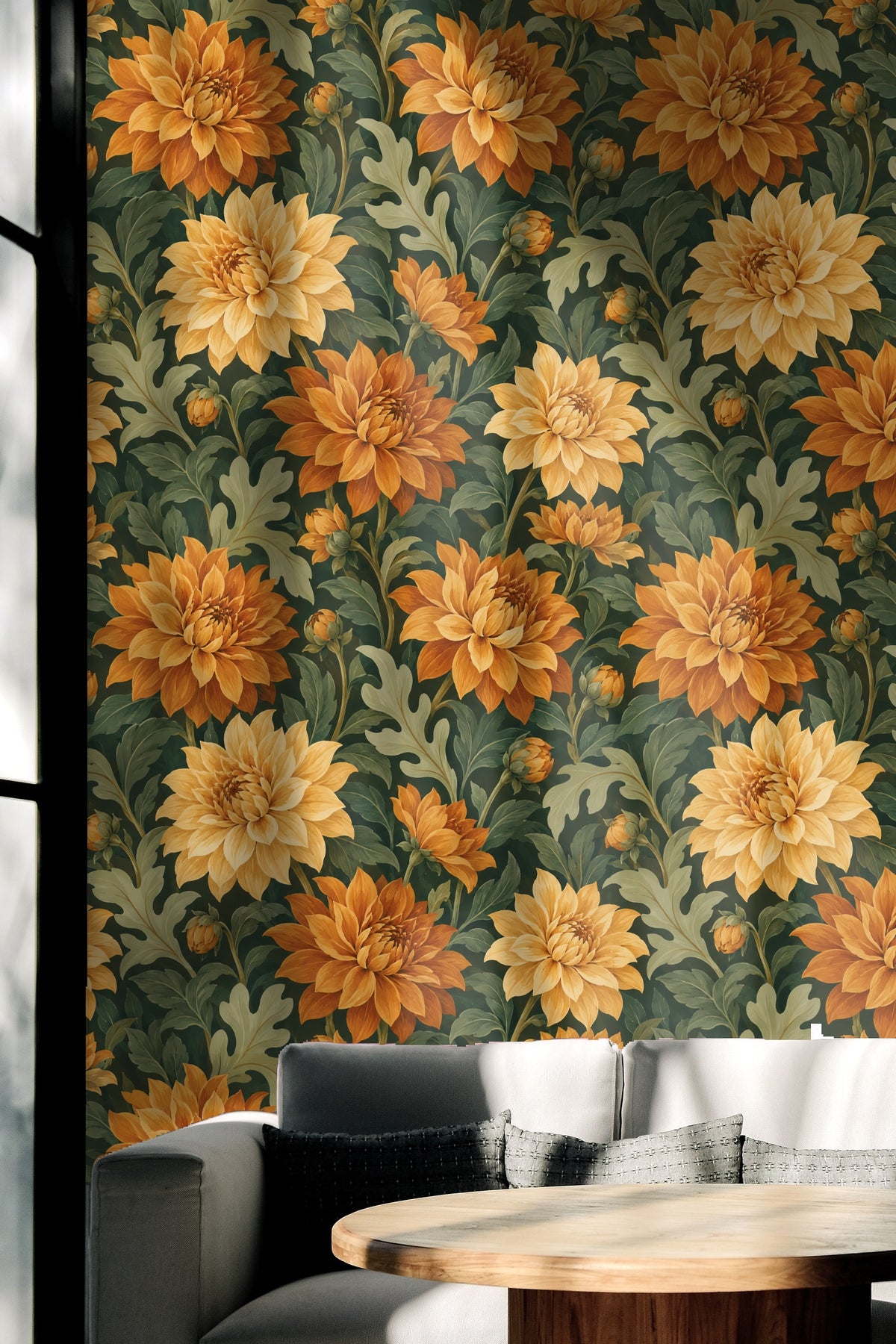 Floral wallpaper mural showcasing multifaceted orange and cream dahlias with leafy vines.