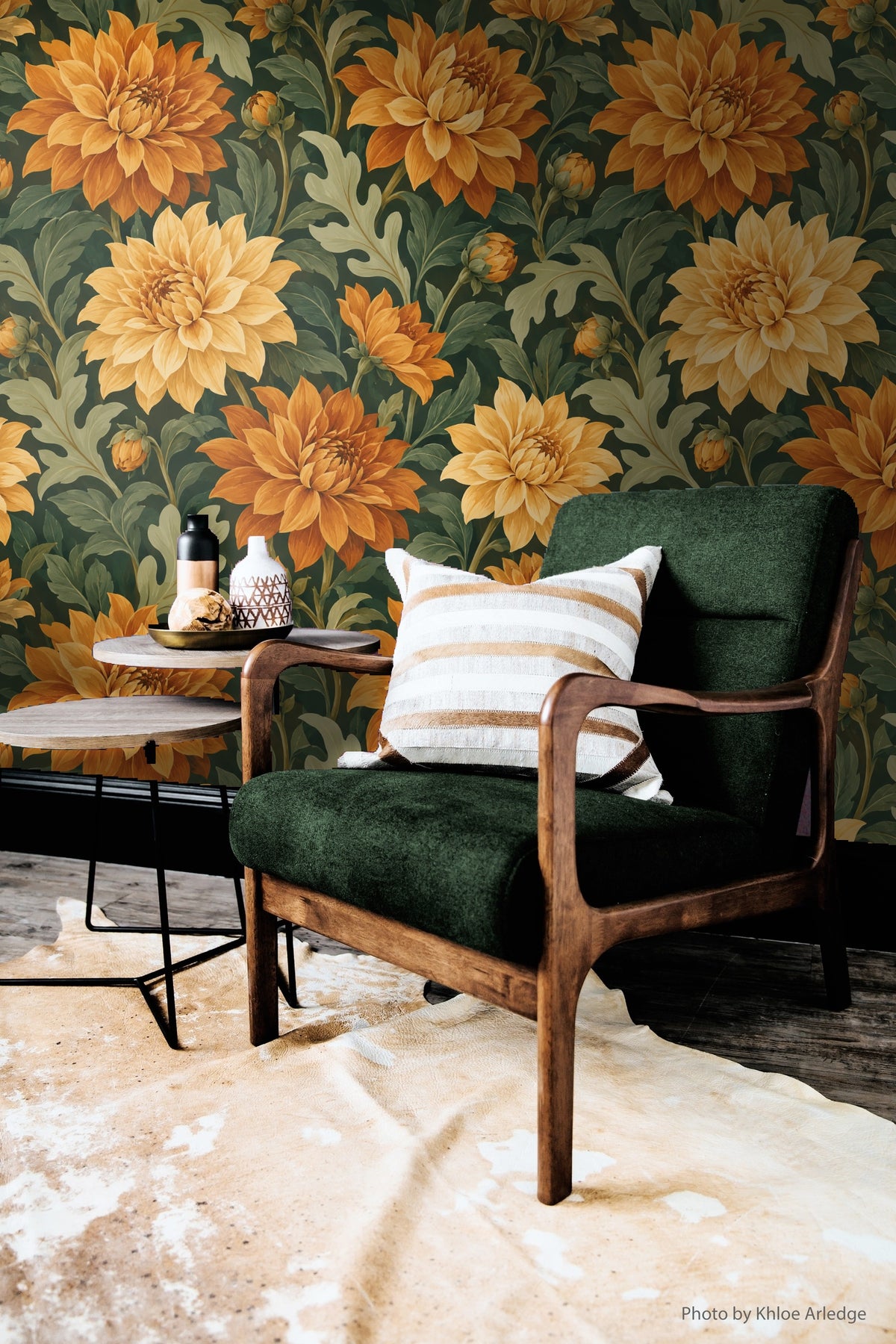 Vintage botanical wallpaper with large detailed dahlia flowers in warm sunset colors.