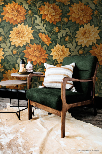 Vintage botanical wallpaper with large detailed dahlia flowers in warm sunset colors.