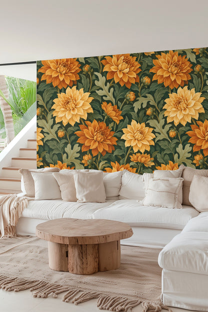 Soft natural light illuminating richly colored floral wallpaper in a cozy living space.