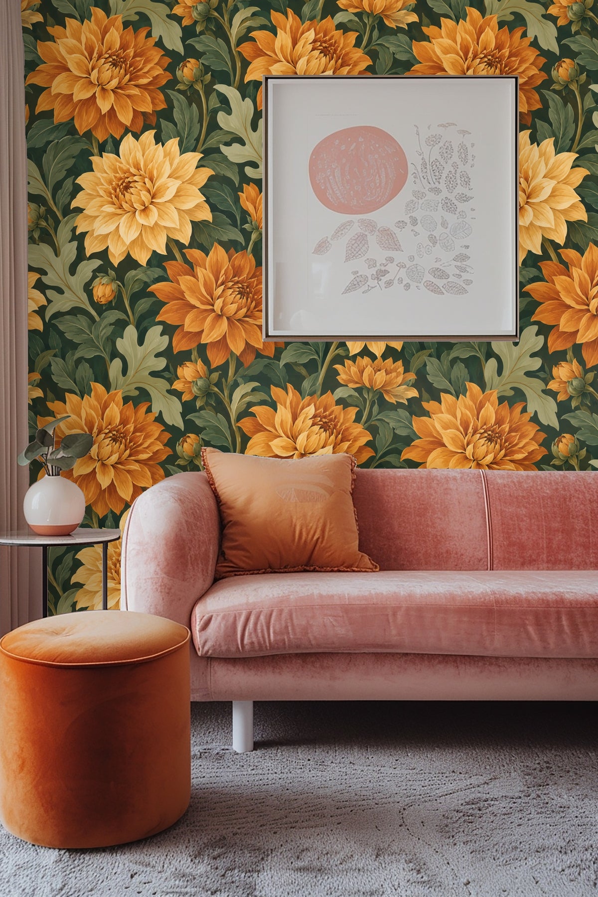 Bedroom scene showing peach velvet headboard with dahlia wallpaper in orange and green behind it.