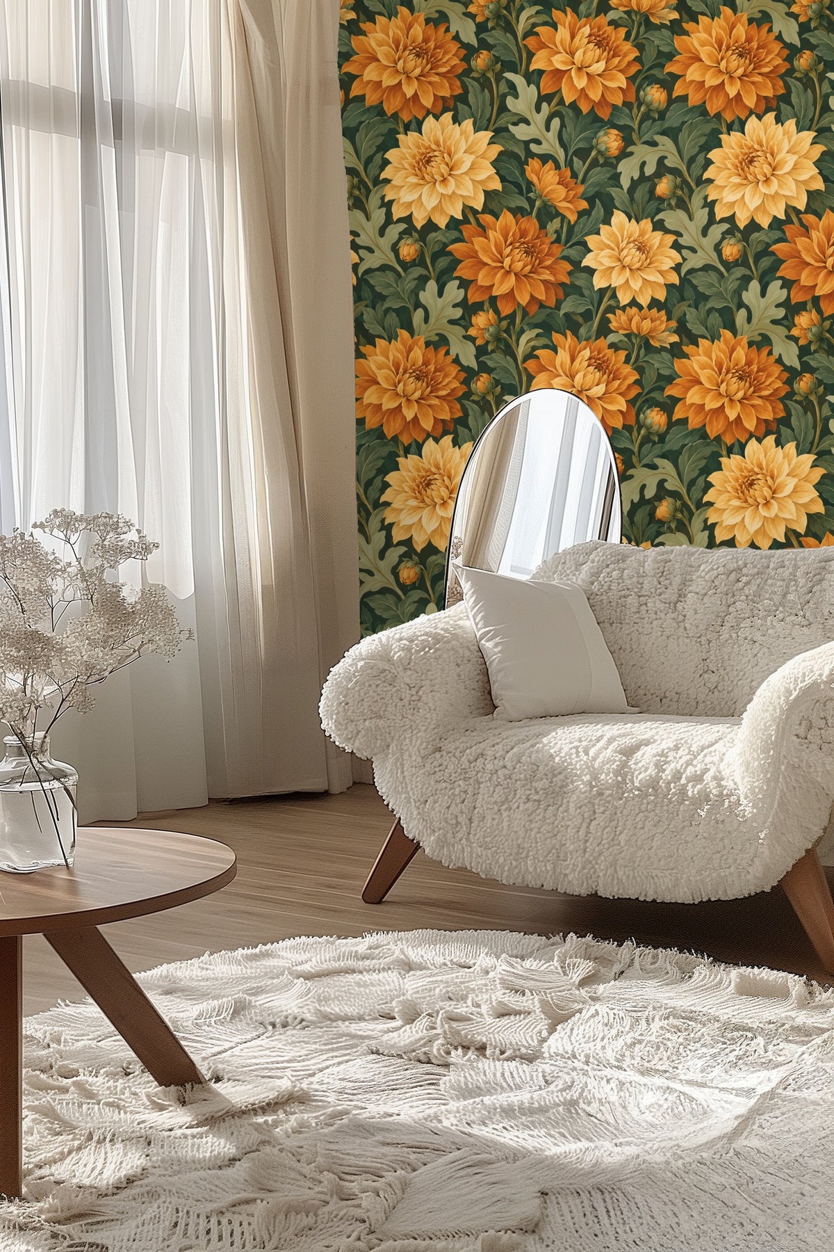 Close-up of large orange and yellow dahlia flowers with green leaves on wallpaper.