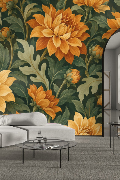 Elegant vintage-style dahlia flowers in bold orange hues on a dark green leafy background.