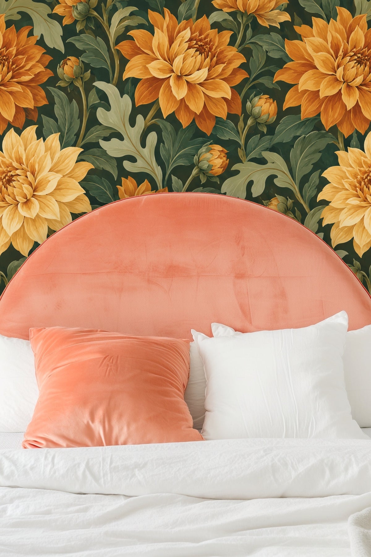 Living room with a bold orange dahlia wallpaper behind a white fluffy armchair and wooden coffee table.