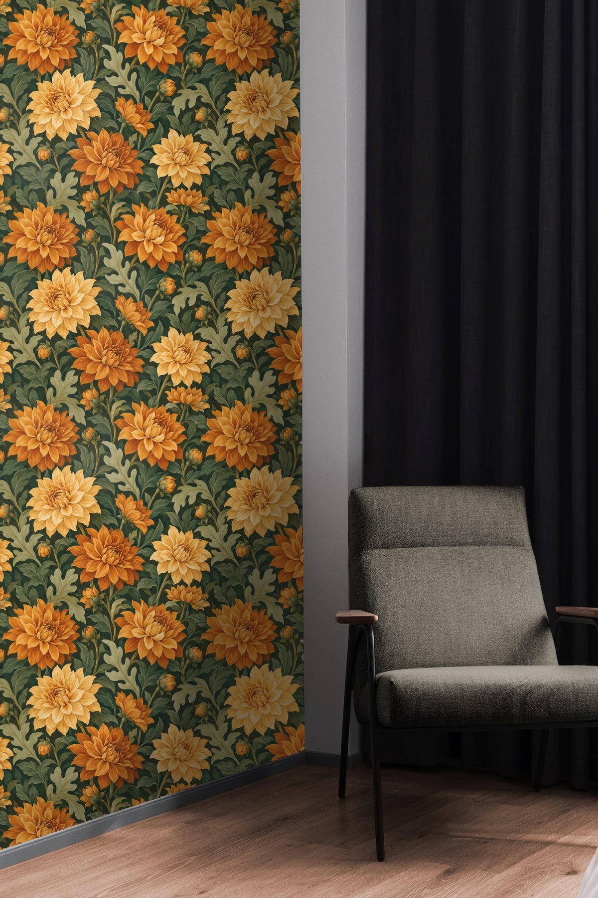 Painterly wallpaper pattern in warm amber and ochre tones with dahlia blooms and leafy stems.