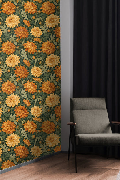 Painterly wallpaper pattern in warm amber and ochre tones with dahlia blooms and leafy stems.