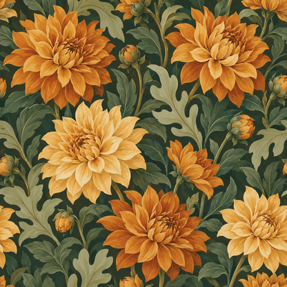 Luxurious wallpaper design of hand-painted dahlias layered with green leaves in autumnal colors.