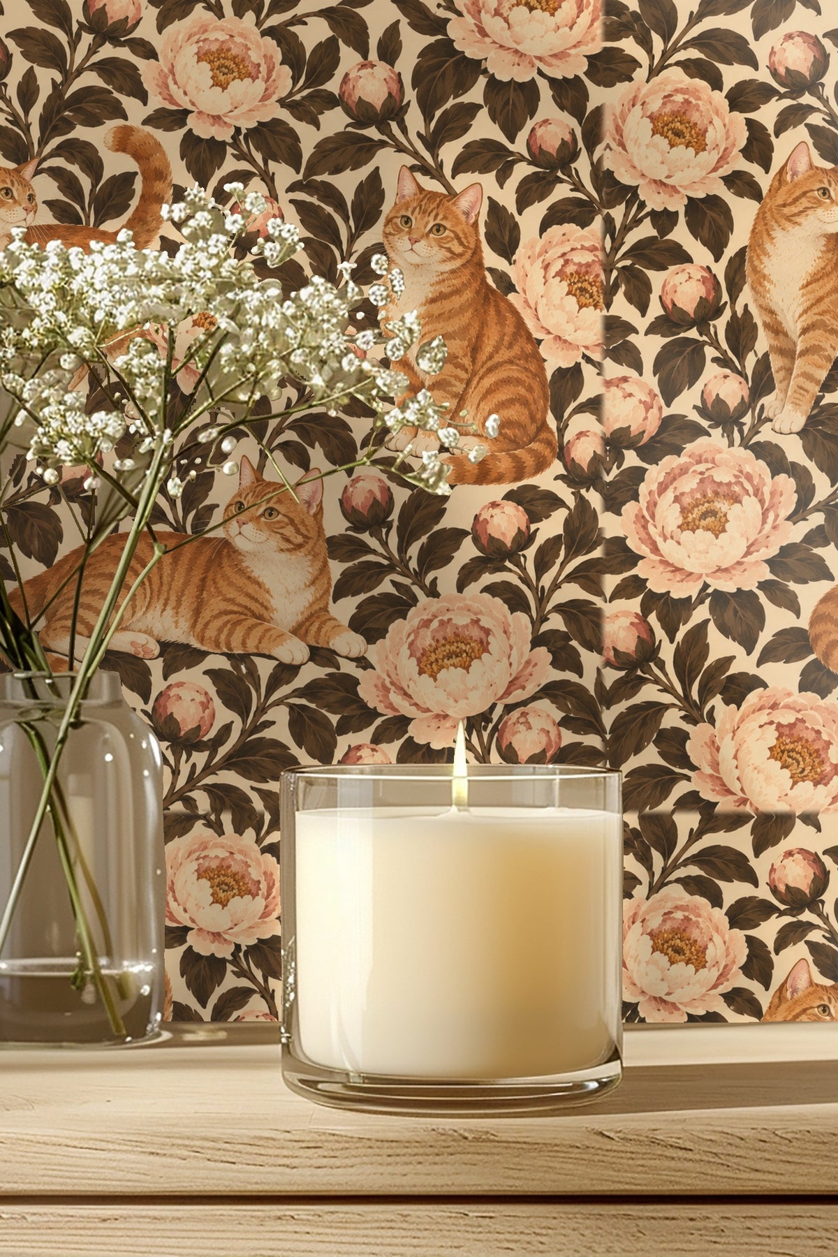Detailed view of wallpaper pattern with caramel tabby cats and pink peony flowers on beige background