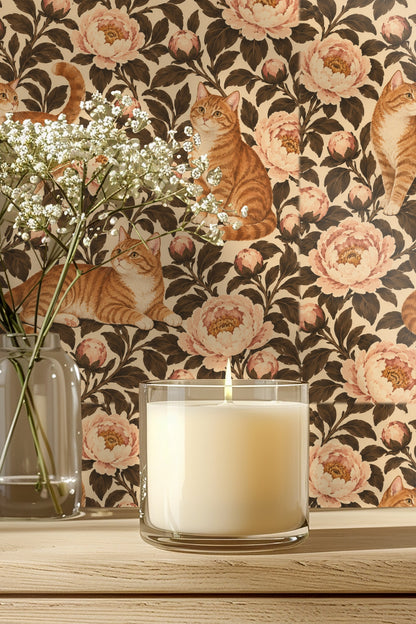 Detailed view of wallpaper pattern with caramel tabby cats and pink peony flowers on beige background