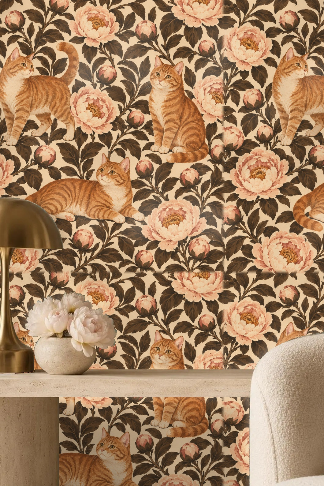 Arrangement of wallpaper pattern elements emphasizing cat tails and curled paws