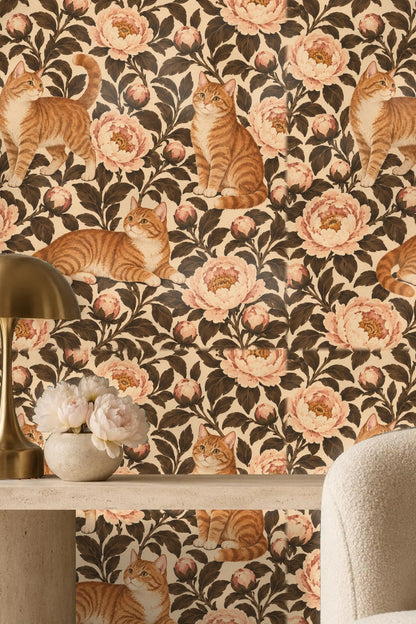 Arrangement of wallpaper pattern elements emphasizing cat tails and curled paws