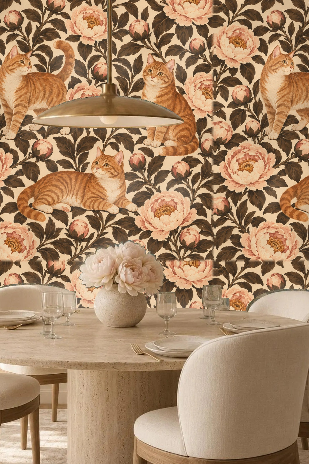 Warm beige wallpaper with repeating floral and cat motifs creating a cozy pattern