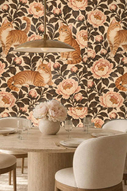 Warm beige wallpaper with repeating floral and cat motifs creating a cozy pattern