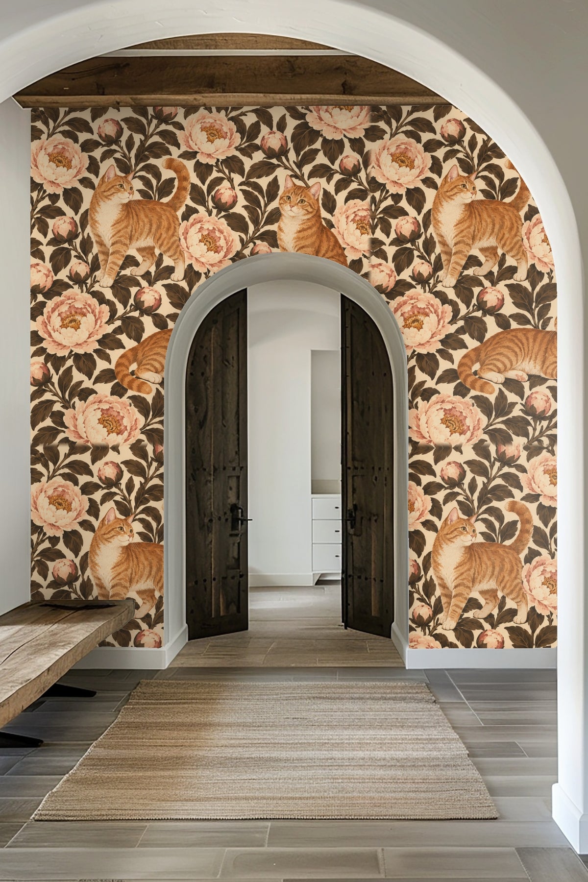 Wide shot of wallpaper panel showing cats and peonies clustered in vintage botanical composition