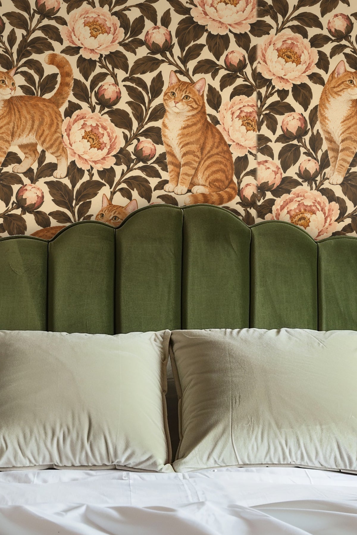 Cats positioned among unfolding and closed peony flower buds on wallpaper