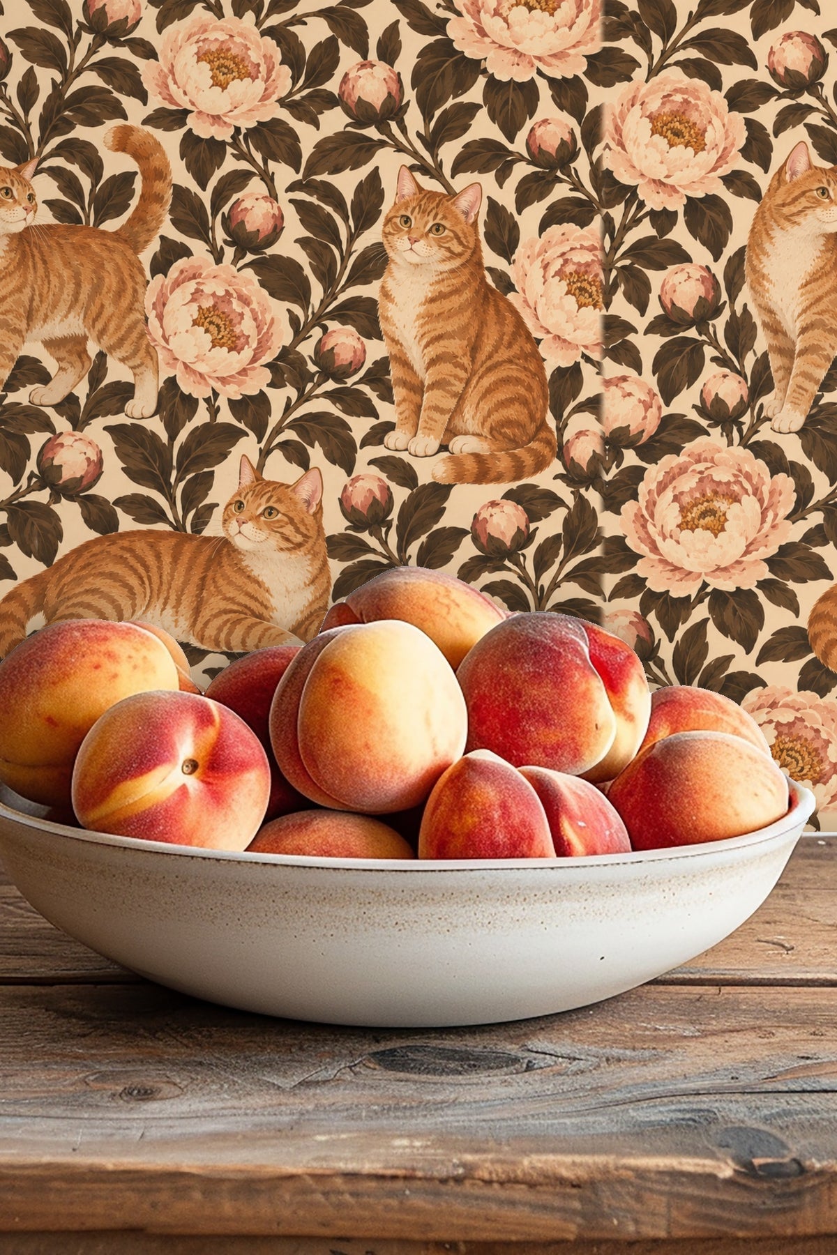 Striped tawny cats with expressive faces positioned between large blush peony blooms