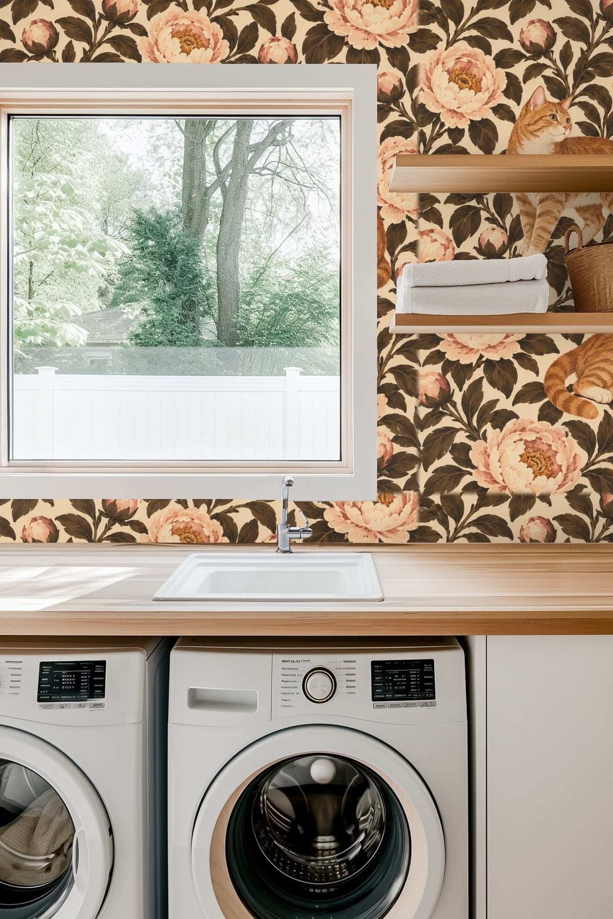 Close-up of wallpaper behind a lit candle and glass vases with small white flowers