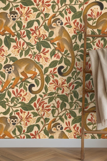 Pattern detail emphasizing the cream and red buds of honeysuckle flower clusters