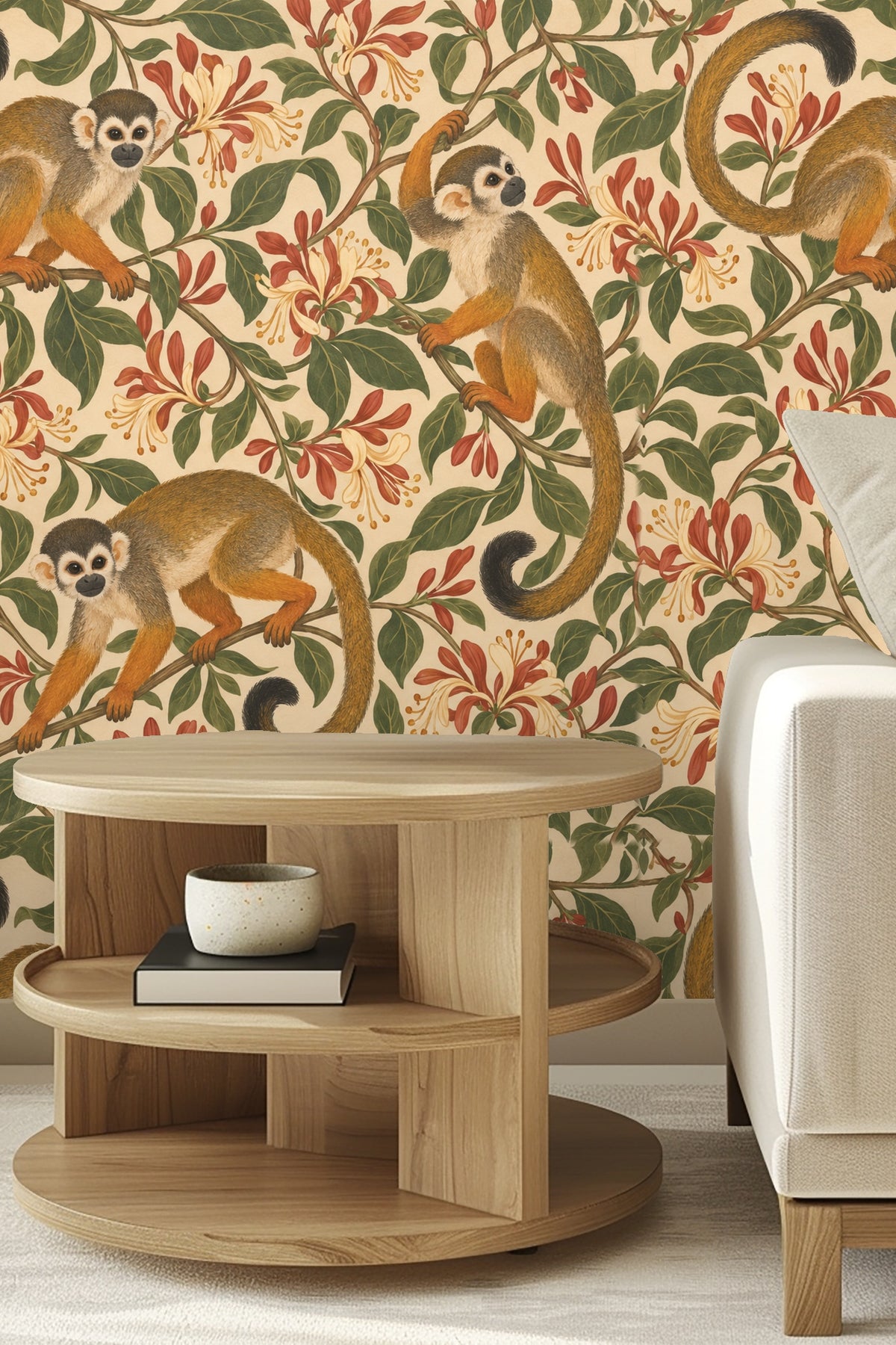 Bedroom wall mural of Honeysuckle Monkey Curls wallpaper with three monkeys and honeysuckle vines in warm earth tones behind a bed and win